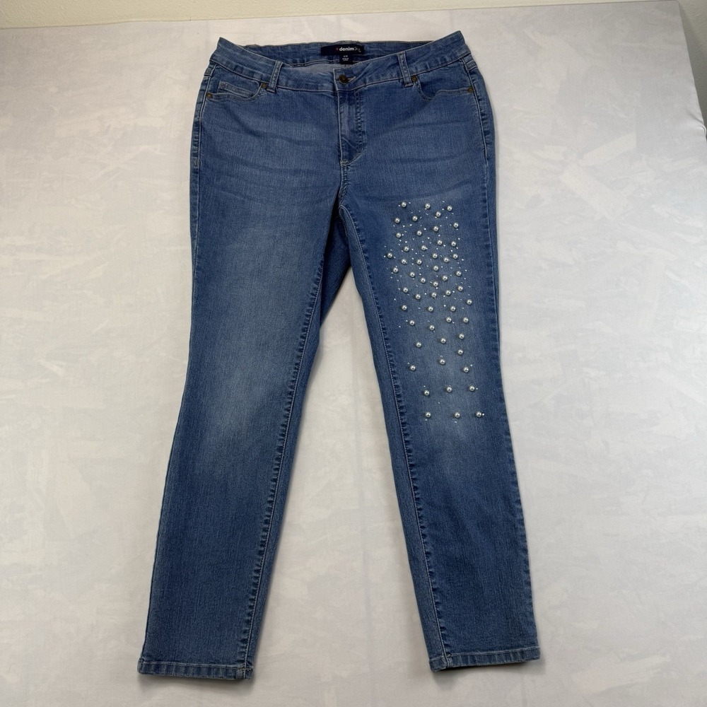 Denim 24/7 Jeans Women's 14W Blue Stretch Straight Leg Studded Embellished